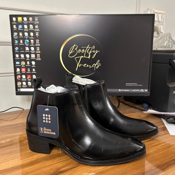 The Steve Madden Croco Textured Cuban Boots (Black)