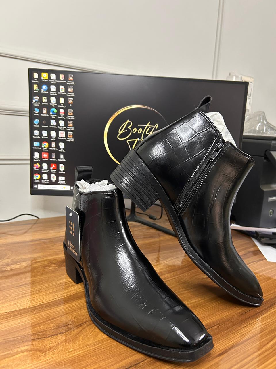 The Steve Madden Croco Textured Cuban Boots (Black)